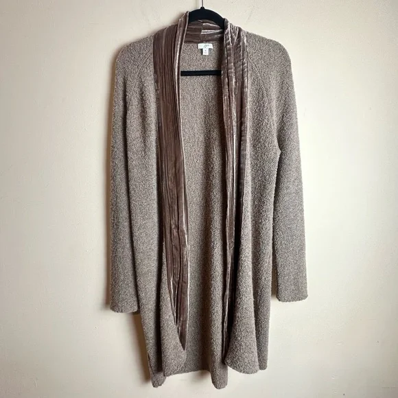 J. Jill Velvet Trim Merino Wool Silk Blend Brown Cardigan Duster Size Medium - Picture 16 of 16